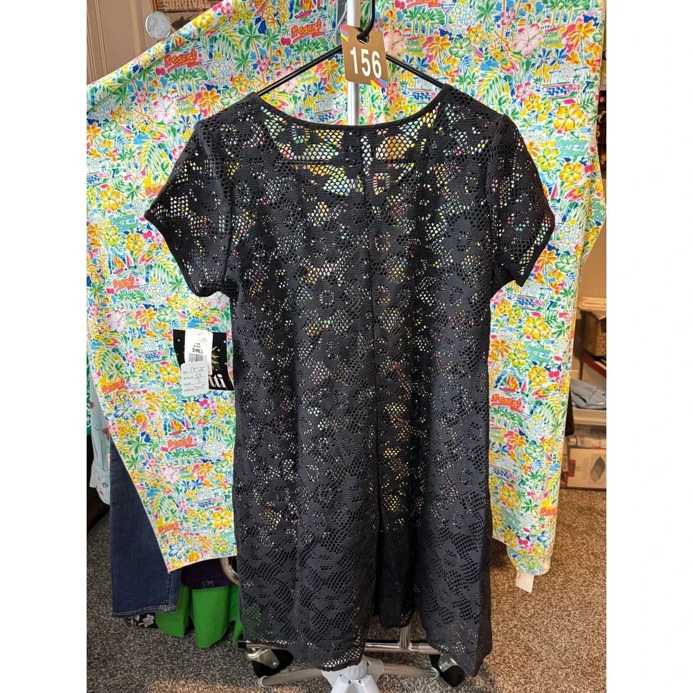 156 Dotti Black Crochet Lace‎ Swim Cover Up Dress Short Sleeve Floral Knit S NWT